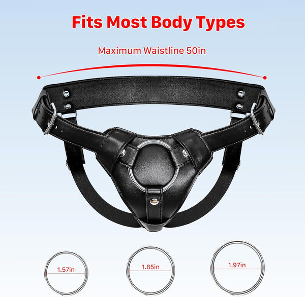 Strap On Dildo Harness, Adult Sex Toys for Women Men for Hands Free Play, Adjustable Waist and Thigh Leather Belt with 3 Size Metal O-Rings for Lesbian Gay Couple Vaginal Anal Play Pegging Dildo