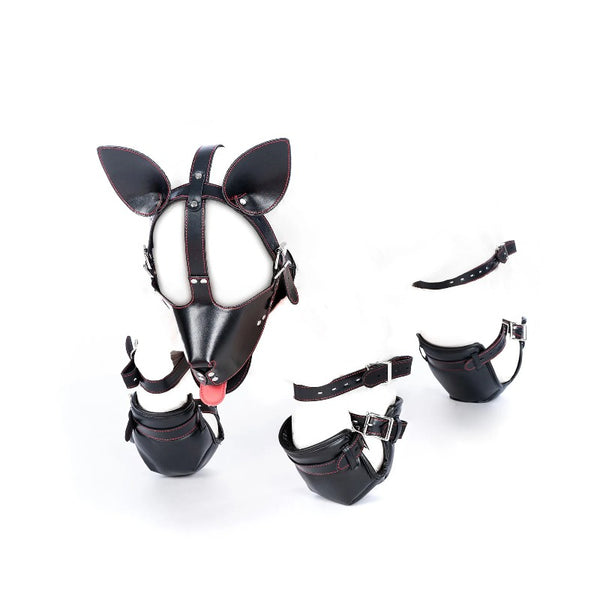 Bondage Mask Set: Faux Leather Pup Play Masks, Sex Roleplay Costumes with Paw Gloves and Harness for Adult Games