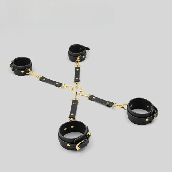 BDSM Leather Bondage Kits Handcuff Collar Gag Ankle Cuffs Hogtie Restraints Sex Toys for Couples Adult Love Flirt Games SM Set