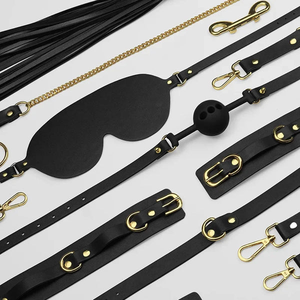 BDSM Leather Bondage Kits Handcuff Collar Gag Ankle Cuffs Hogtie Restraints Sex Toys for Couples Adult Love Flirt Games SM Set