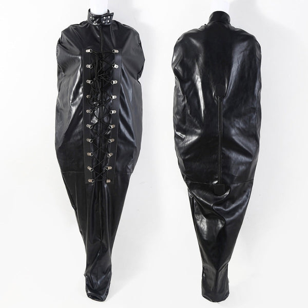 Black leather bondage full body tied leather lace-up suit