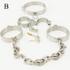 Stainless steel lockable wrist cuffs & leg shackles & collar chain restraint set sexual bondage BDSM set