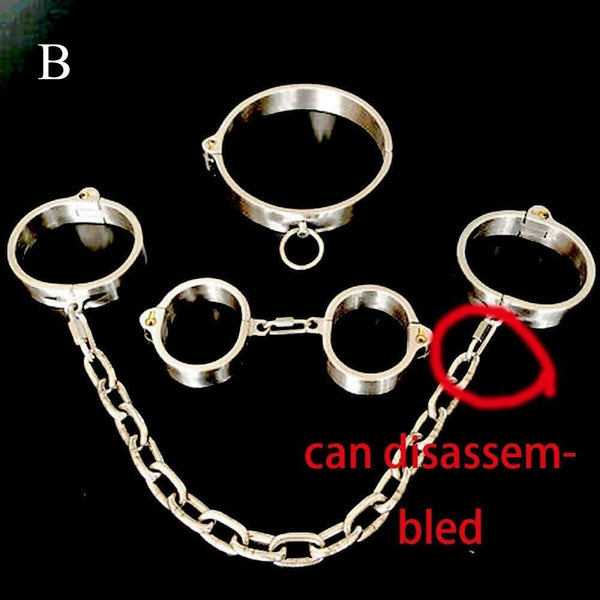 Stainless steel lockable wrist cuffs & leg shackles & collar chain restraint set sexual bondage BDSM set