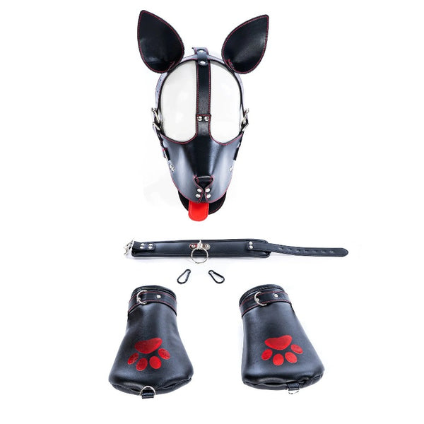 Bondage Mask Set: Faux Leather Pup Play Masks, Sex Roleplay Costumes with Paw Gloves and Harness for Adult Games